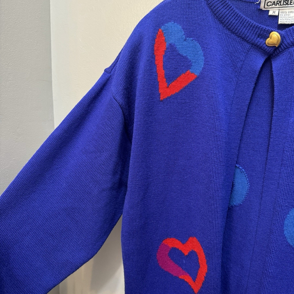 Vintage Carlisle Sport Wool Cardigan Duster Sweater Blue Colorful Hearts Medium - Picture 4 of 6